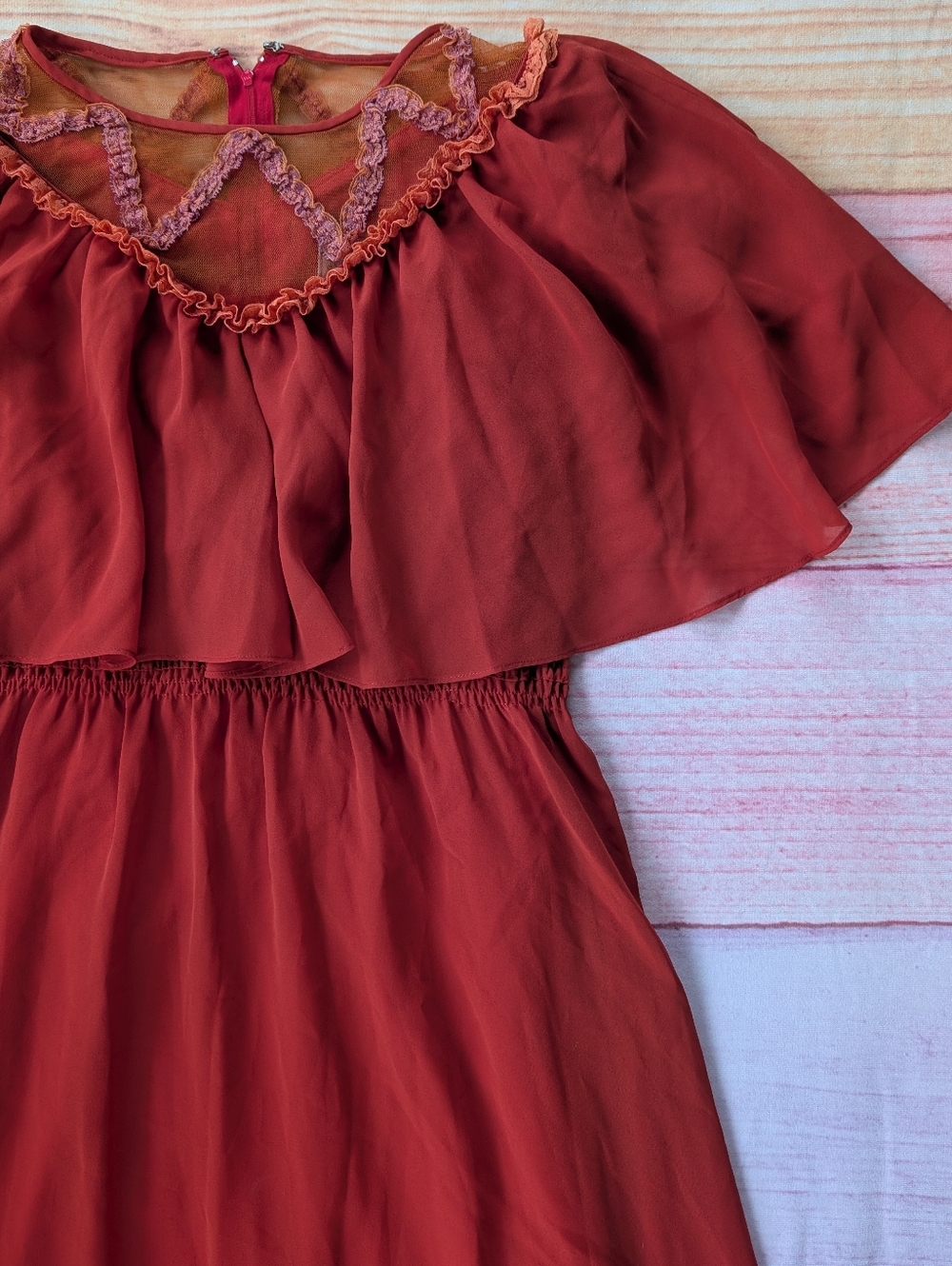 Vintage 70s/80s Prairie Dress Burnt Orange Boho Midi Ruffle Tulle Maxi Dress - Picture 2 of 10